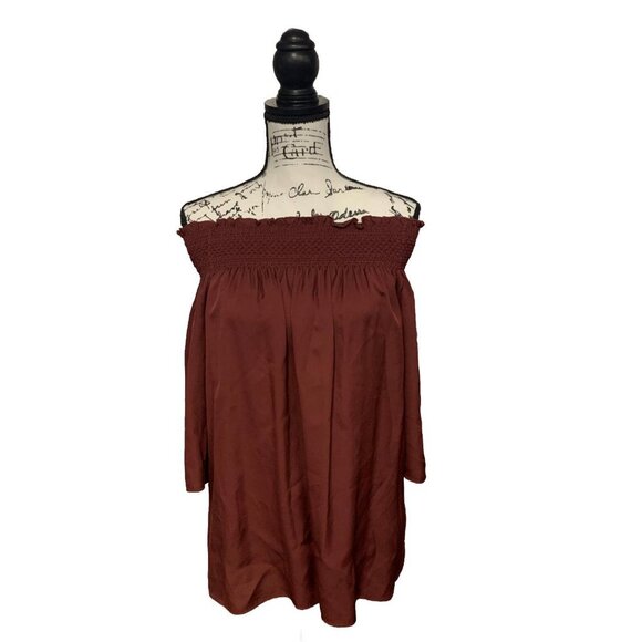 NWT Theory 100% Silk Elistaire Off The Shoulder Blouse Black Cherry Size Small - Picture 2 of 13